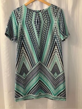 Cheekie Boutique Shift Dress in Funky Blue & Teal Geometric Pattern